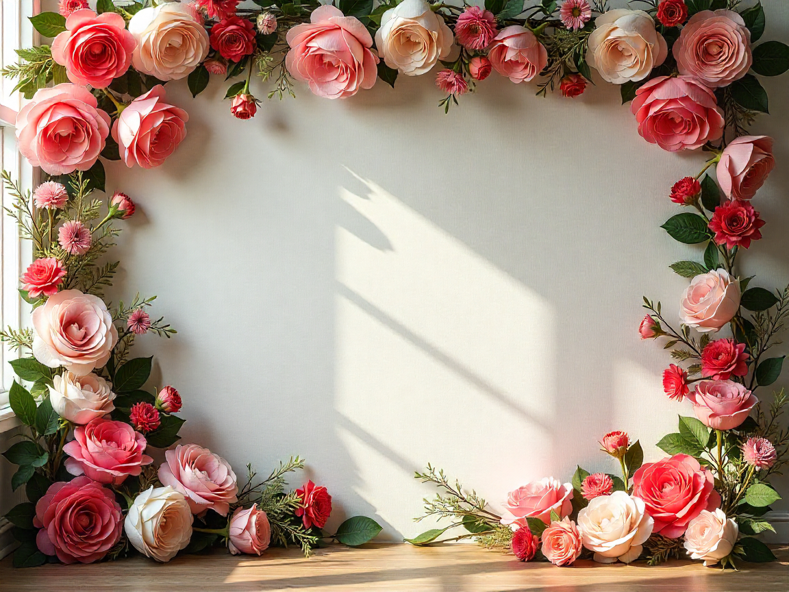 Floral backdrop wall with fresh and artificial flowers